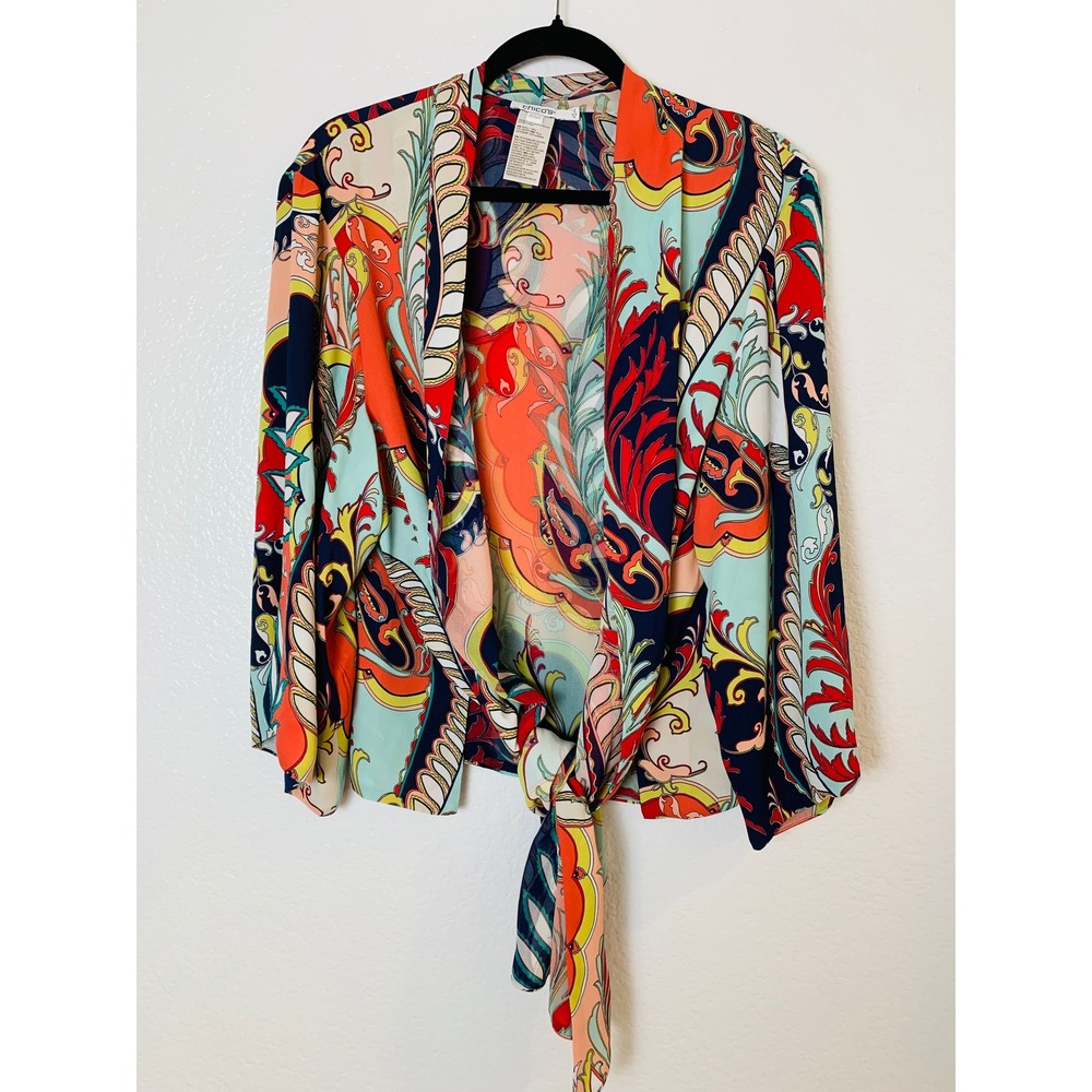 Chico's Paisley Cardigan Womens 12 Multi Color Tie Front Wrap Top Boho Chic